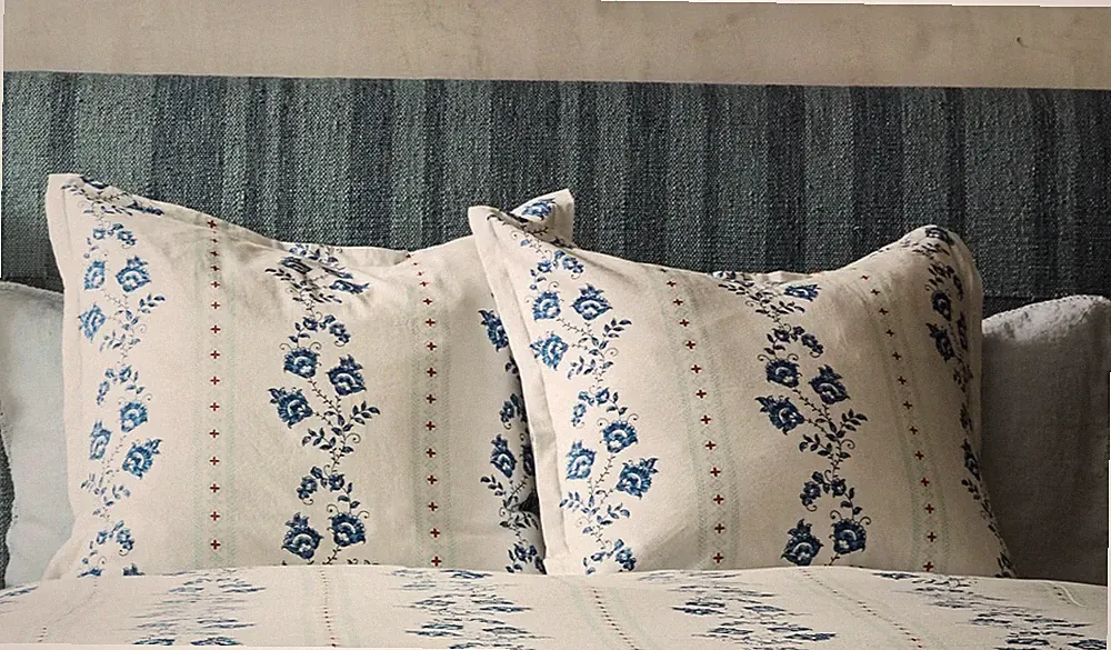 2 GreenRow GRACIE COTTON LINEN EURO Shams Pair Blue Floral Red Multi NEW