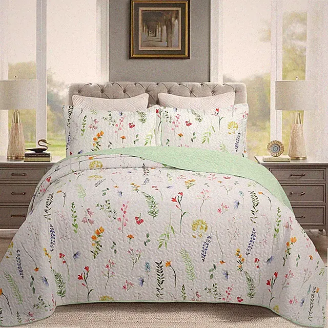 3 Piece Printed Floral Quilt Set Lightweight Bedspread Set ME505