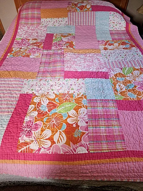 61" x 82" Multi Colored Pinks, Greens, Blues, Yellows Quilted Coverlet