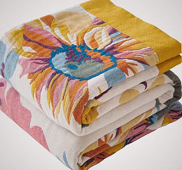 Boho Throw Blanket Twin Size, Soft Cozy Cotton Muslin Quilt Blanket