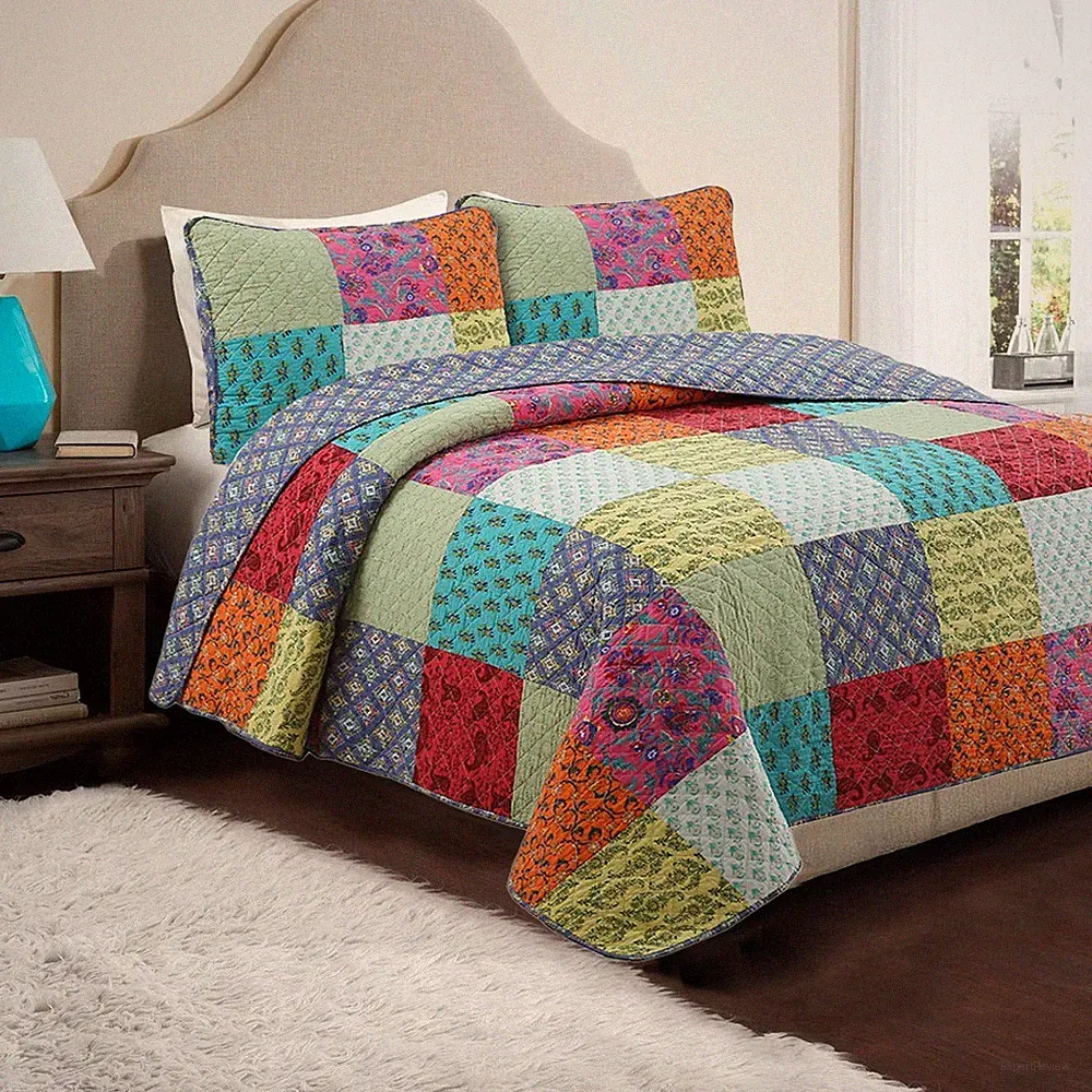 Bright Bold Multi Color Boho Floral Patchwork Cotton Quilt Bedding Set