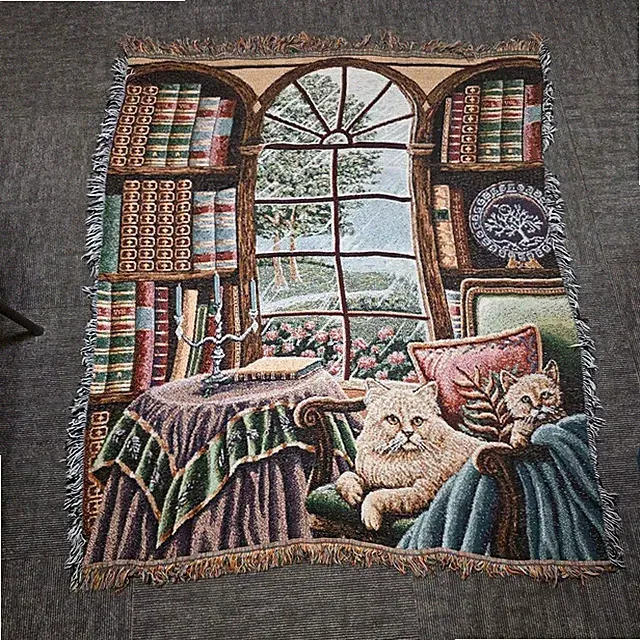 Cozy Cat Tapestry Throw Blanket - Window Library Scene, Multi-Color