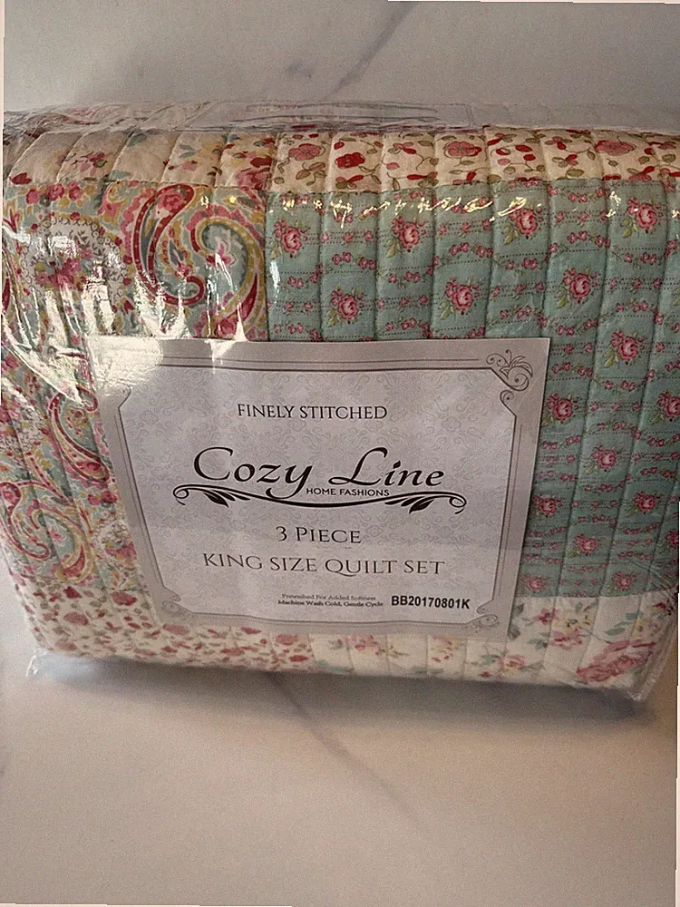 Cozy Line Home Quilt Set 92" x 106" Cotton King Floral Multi-Colored 3-Piece New