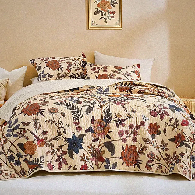 Floral Beige Quilt Queen Size - 3 Pieces Summer Botanical Birds Pattern Quilt Be