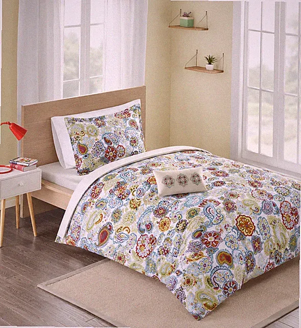 Mi Zone Duvet 3 pc Set Multi Color Floral & Medallions Print Twin Blue Red Green