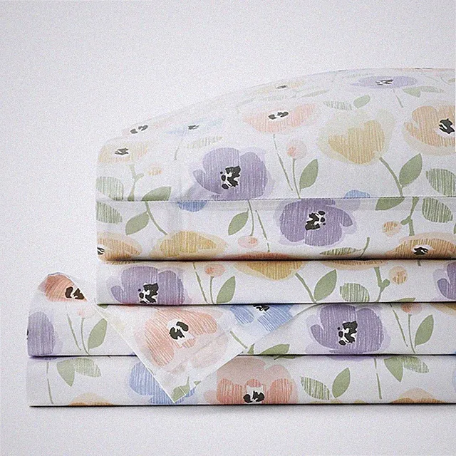 Pastel Poppies Classic Cool Organic Cotton Percale Bed Sheet Set(White)|5935