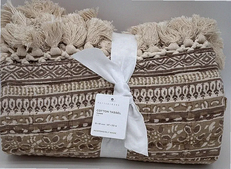 Pottery Barn Jacquard Cotton Throw Blanket ~ 50" x 60" ~ Neutral Multi