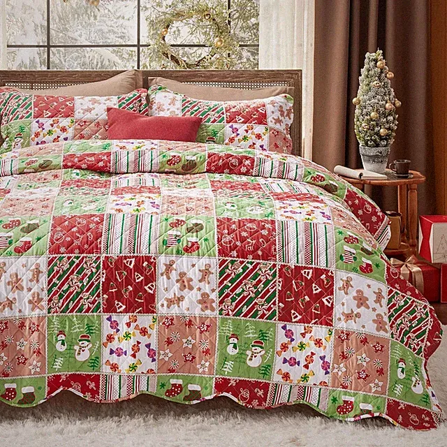 Queen Size Christmas Quilt Cover Set, Multi-Color Patchwork Print (90“ x 96”)