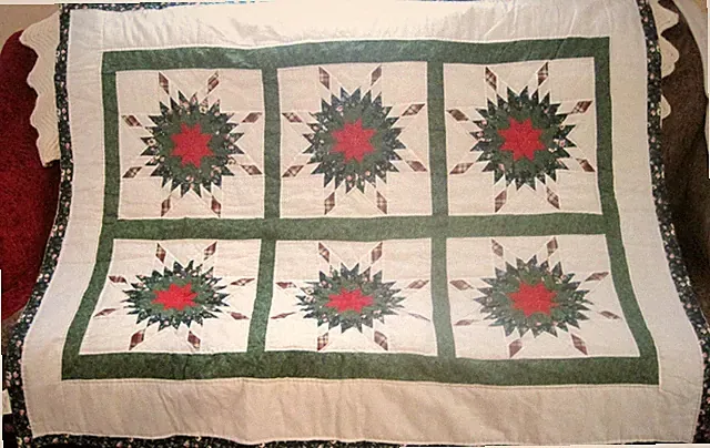Quilted Blanket 60 X 50" Red Green Multi Color With Star Pattern Floral Edging
