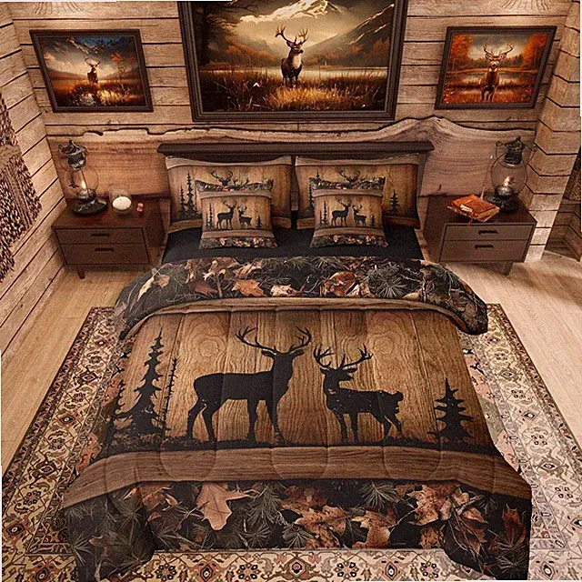 Rustic Camo Deer Comforter Set - 7 Piece Woodland Bedding for Queen Bed
