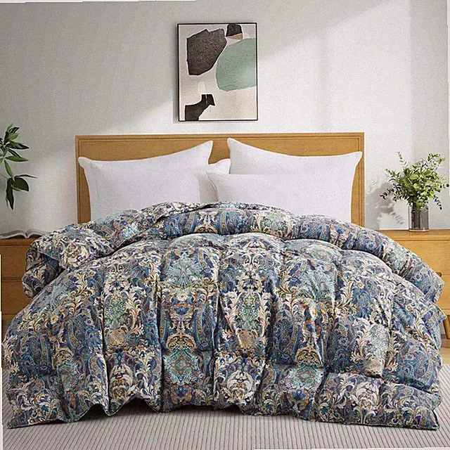 Soft Oversize Boho Paisley Flower Print Down Comforter, King Queen Bed Blanket